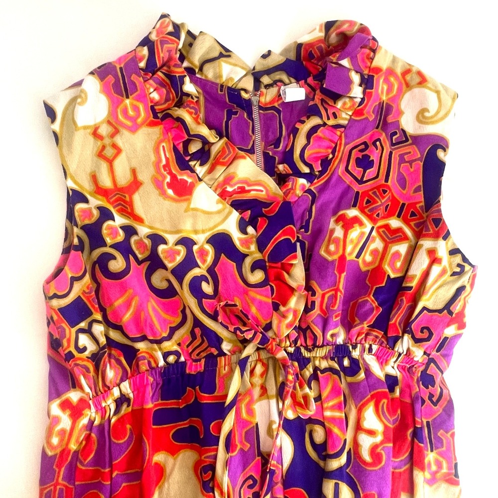 Vintage 60s mini dress Psychedelic Abstract Ruffle Neck Empire Waist Purple Pink - Picture 8 of 13